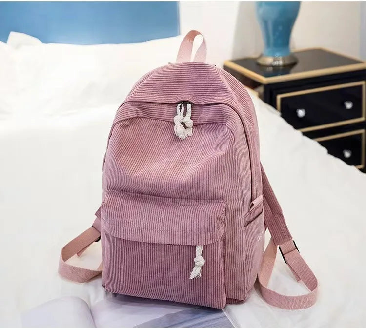 Corduroy Backpack, Academy Fashion School Bags for Middle/High School & College, Cute Tassel Detail, Versatile Casual Daily Bag