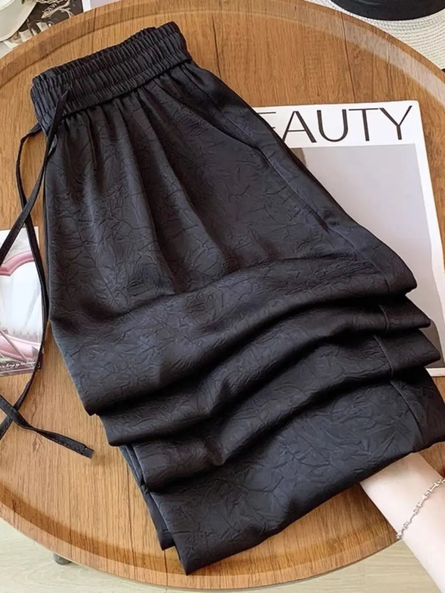 plus Size Satin Ice Silk Wide Leg Pants Women's Summer Thin Cool Casual Straight Leg Trousers Comfortable Loose Fit Long Pants