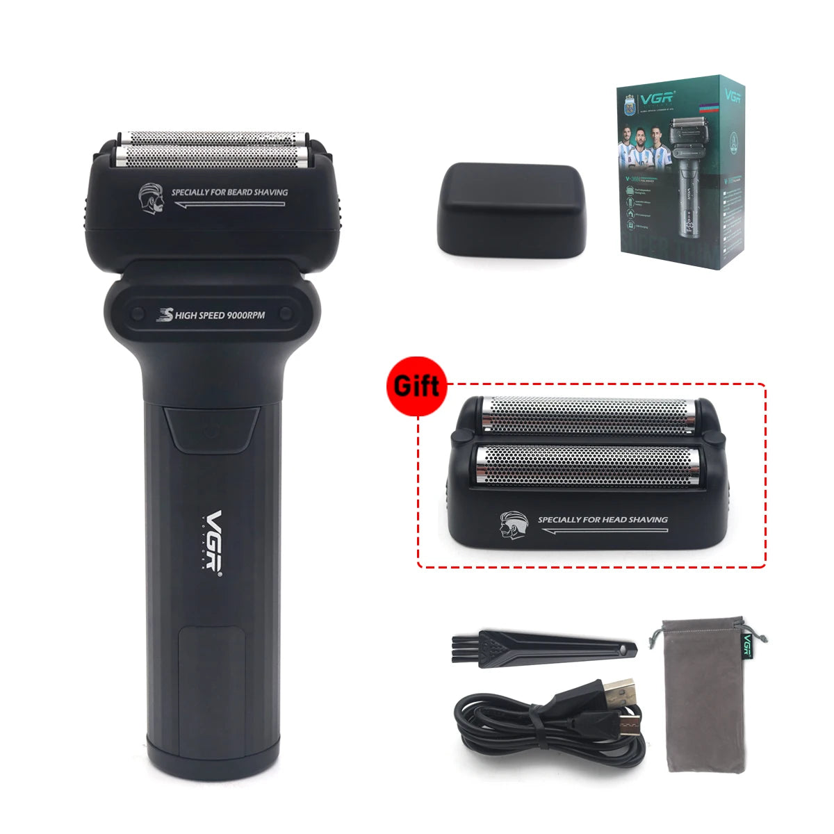 VGR V368 Beard Trimmer for Men with Double Foil Washable 9000RPM DC Motor Professional Barber Machines Shaving Machine