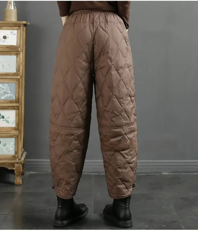 Vintage Quilted Pants Women Winter Warm Trouser Cotton-padded Pants Casual Design Pockets Elastic Waist Korean Chic Black Pants