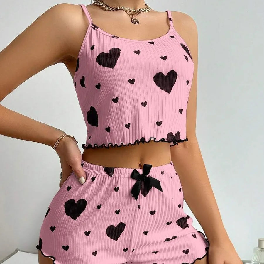 New Women's Pajama Set Knitted Love Printed Sweet Strap Shorts S M L White Breathable Casual Love Printed Home Pajama Set