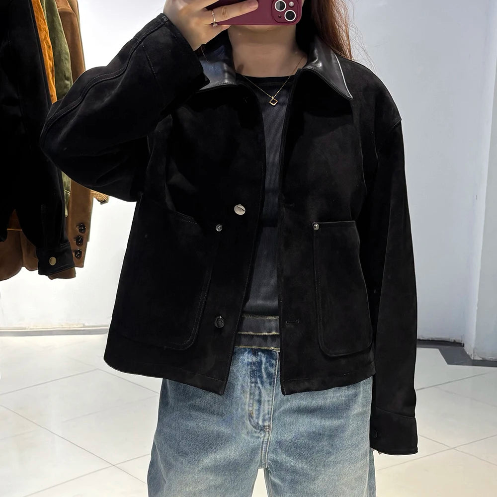 YOLOAgain Women's Real Leather Jacket Single Breasted Oversized Suede Sheepskin Coat Outerwear