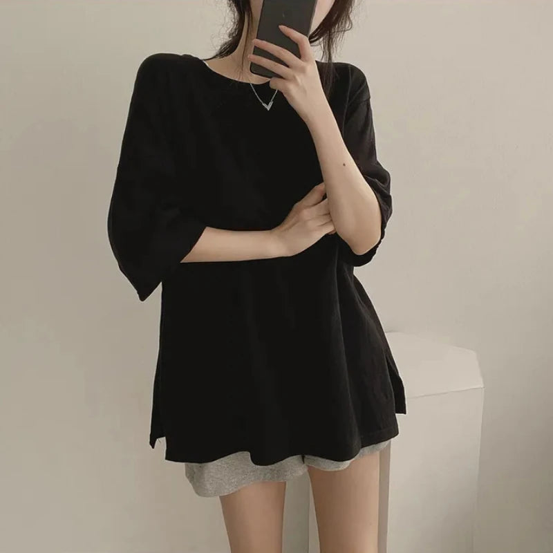 T-shirt for Women in Summer 2025 Slit Black Top Ins Pure Cotton Cotton Mother Simple Loose Long Short Sleeve High Elastic