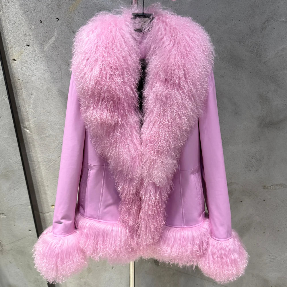Sheep Collar Coats Women Winter Luxury Mongolian Fur Leather Jackets with Long Sleeve 7251