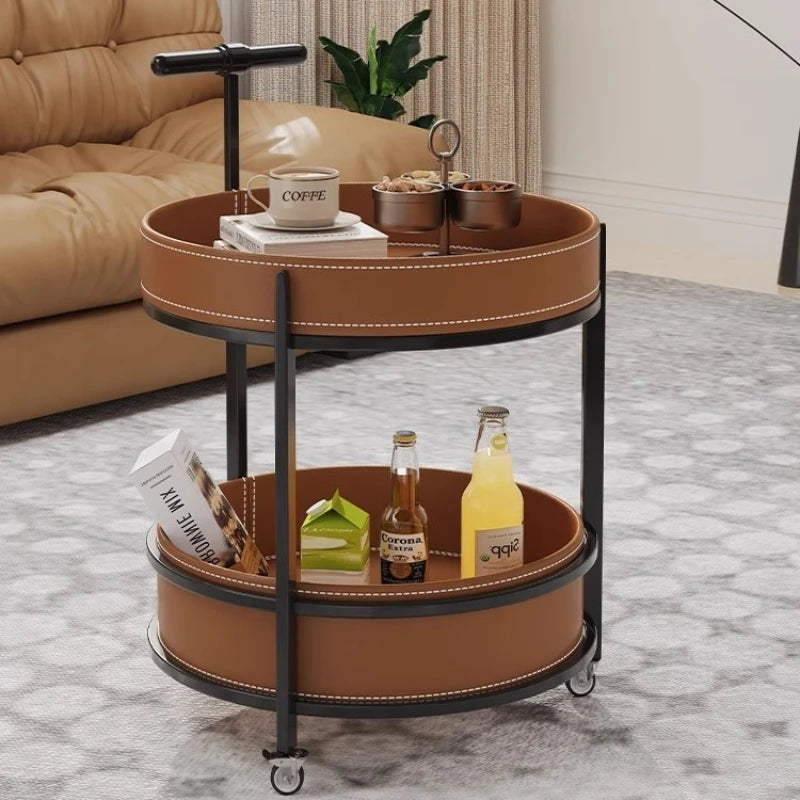 2026 New Light Luxury Sofa Side Table Movable Hotel Room Saddle Leather Trolley Home Bedroom Storage Bedside Small Coffee Table