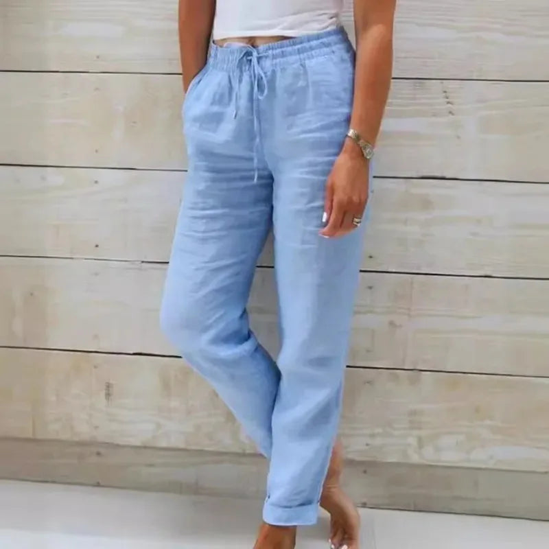 Cotton Linen Pants For Women Fashion Streetwear Elegant Summer Casual Solid Color Trousers High Waist Elastic Straight Pants
