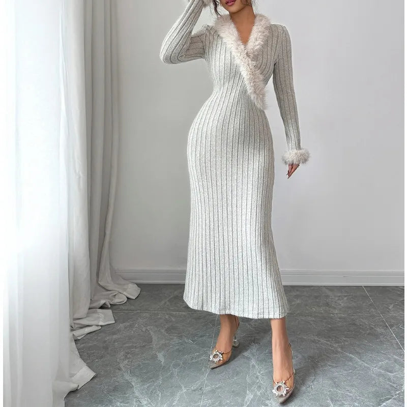 2025 Autumn/Winter Elegant Pure Color Long-Sleeved A-line Skirt Dress