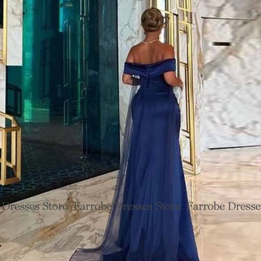 Saudi Arabia Dresses for Special Occasions Satin Sheath Formal Evening Dress Dark Royal Blue Off-the-shoulder Pleat Prom Gown