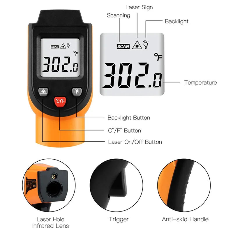 A69edigital Infrared Thermometer-50° C To 400° C(-58° F To 752° F), Kitchen Laser Temperature Sensor For Measuring Objects And W