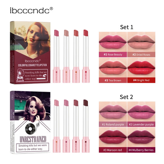 4PCS/Set Matte Long Lasting Waterproof Creative Cigarette Lipstick Set Matt Lip Stick Tube Nude Red Velvet Lip Tint Makeup