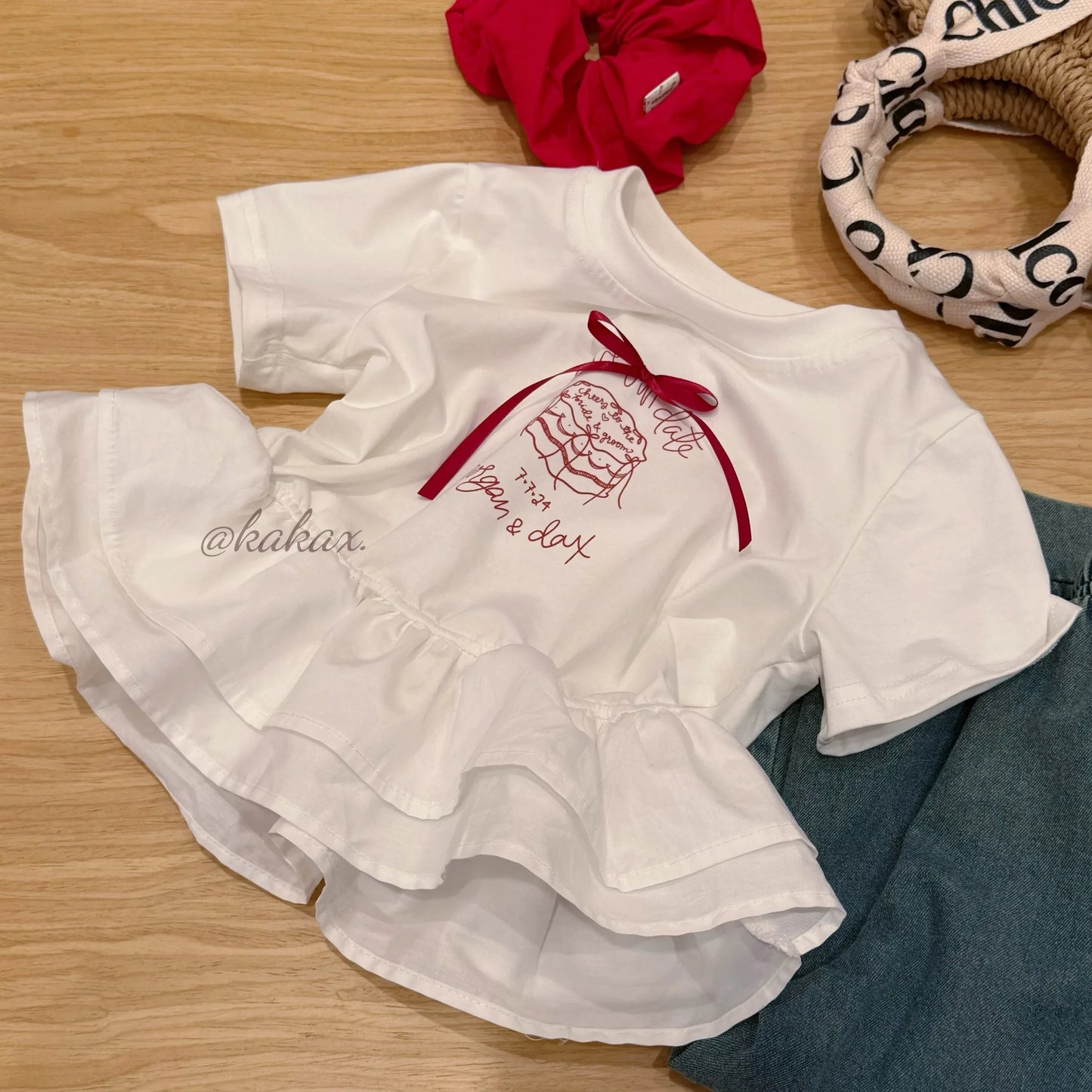Girls' Cotton T-shirt with Cake Print Bowknot Short Sleeve Skirt Design Cartoon Style Summer Fashionable Kids' Clothing