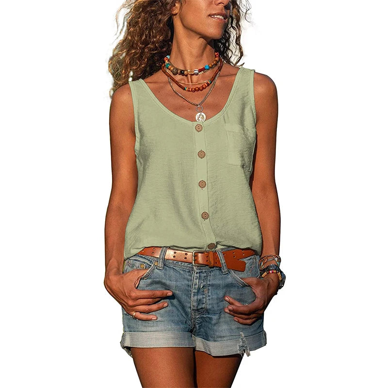 Women Summer Loose Vest Tops Buttons Chiffon Blouse Holiday T Shirt Casual Cami Tank Top Sleeveless Base V-neck Camisoles