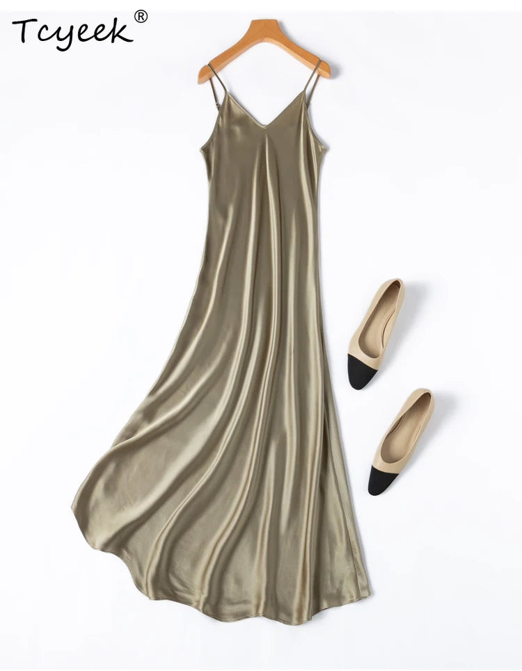 Tcyeek 100% Natural Mulberry Silk Long Dress 21MM Real Silk Summer Dresses for Women 2026 Elegant Dresses Womens Clothing Платье