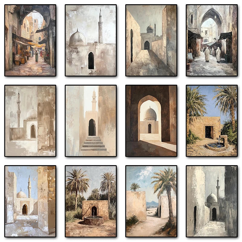 Muslim Mosque Islamic Architecture Archway Poster Minimalist Neutral Beige Canvas Printing Wall Art Picture for Room Home Decor