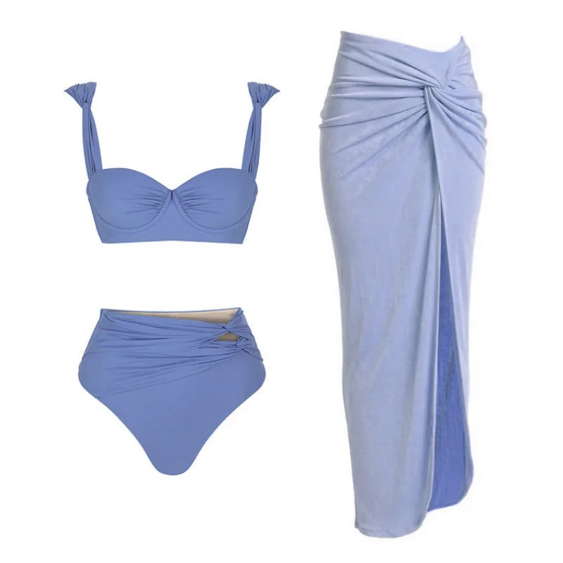 One-Piece Swimsuit and Skirt Blue Swimwear Bikini Female Vocation Bathing Suit Beachwear Beach Dress Sarong