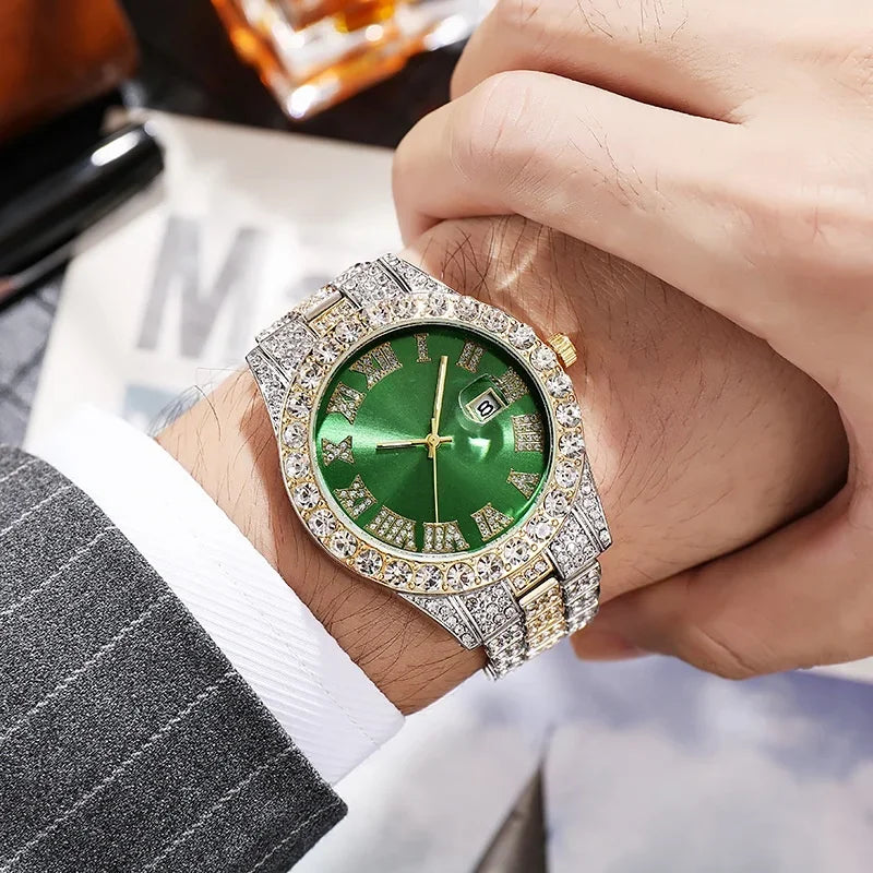 Hip Hop Watch for Men Iced Out Bling Full Diamond Luxury Quartz Watch Analog Roman Calendar Watch for Men Women