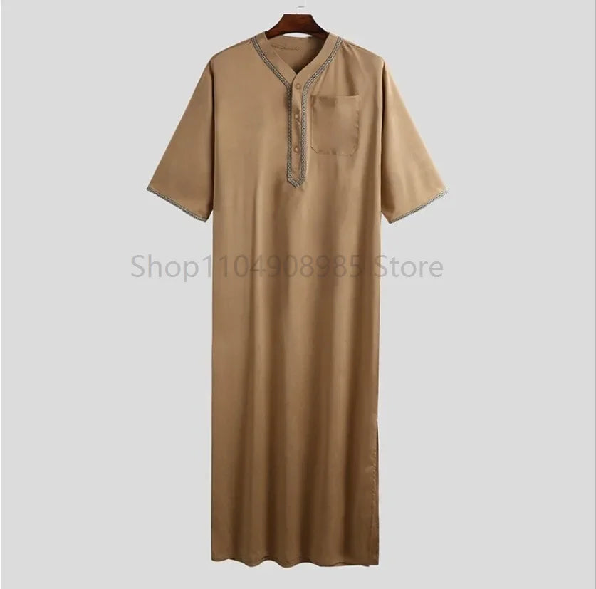 Islamic Muslim Men's Solid Color Short Sleeve Classic Embroidery Robe Dubai Arabic Ethnic Style Men's Casual Formal Robe