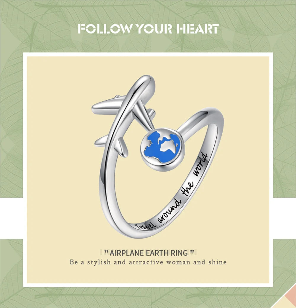 925-Sterling-Silver Adjustable Open Airplane Rings Engraved "Travel Around the Word"Engagement Ring Gifts for Women Teen Girls