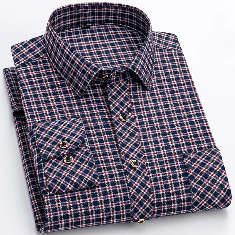 M-6XL Men's Pure Cotton Flannel Shirts Long Sleeve Single Pocket Casual Plaid Thick Soft Cozy Brushed Shirts Blouse Men Clothing