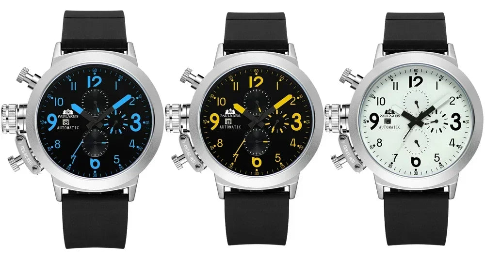 Automatic Watches for Men Mechanical Self Wind Rubber Boat Case Orange Blue Yellow Grey Fashion U Left Hand Reloj Hombre Baratos