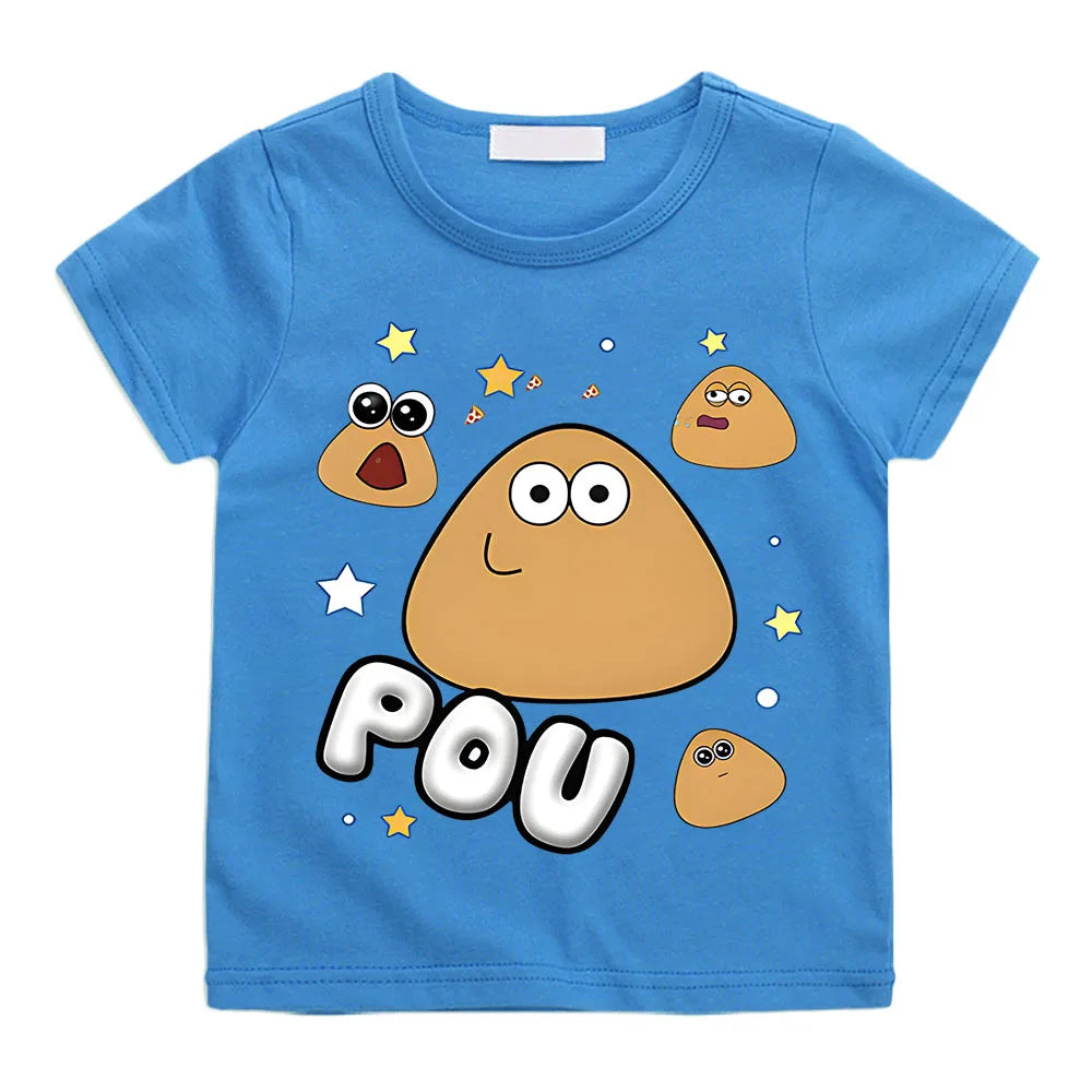 POU Kawaii Print Anime T-shirts Kids Cartoon Manga Tshirt Kawaii Comic Cotton Short Sleeve Boys/Girls T Shirt Teens Streetwear