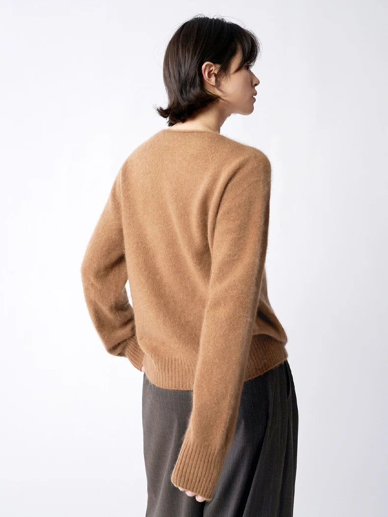 SuyaDream, Women Fleece Pullovers, V Neck, 3.8%Cashmere 96.2%Wool, Chic Warm Sweaters, 2025 Fall Winter Solid Top, Camel, Olive