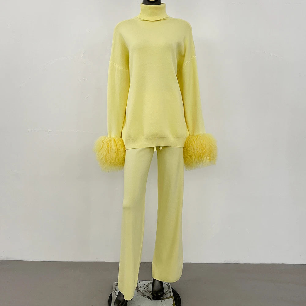 Coat Women Knitted Suit Women's Sweater Set Real Mongolian Sheep Fur Cuffs High Quality Wool & Blend Knitted Pullover and Pants