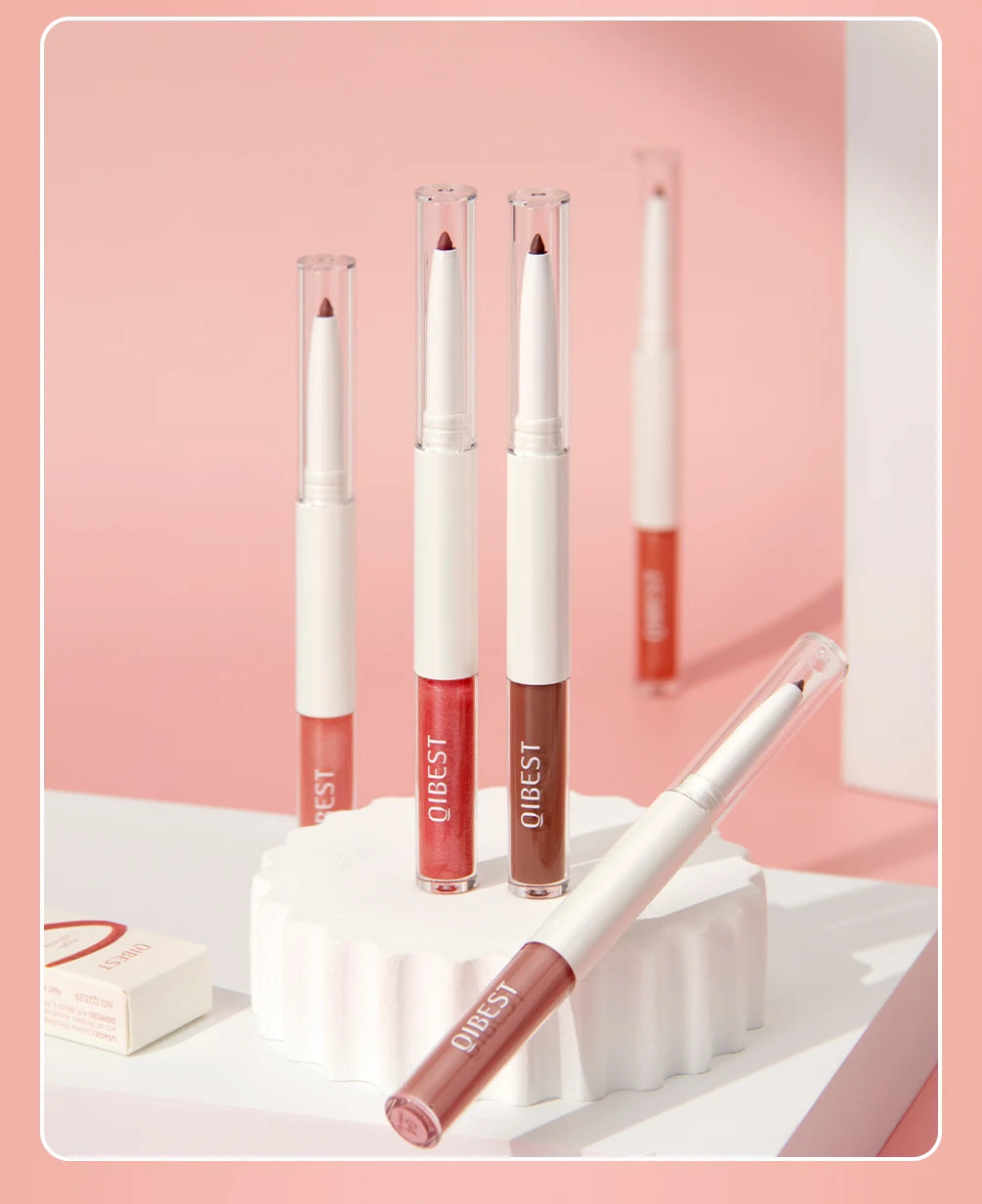 QIBEST Double Head Mirror Lip Glaze Lipliner Pen Water Light Lipgloss Makeup 2 in 1 Stick Matte Velvet Lip Liner Contour Pencil