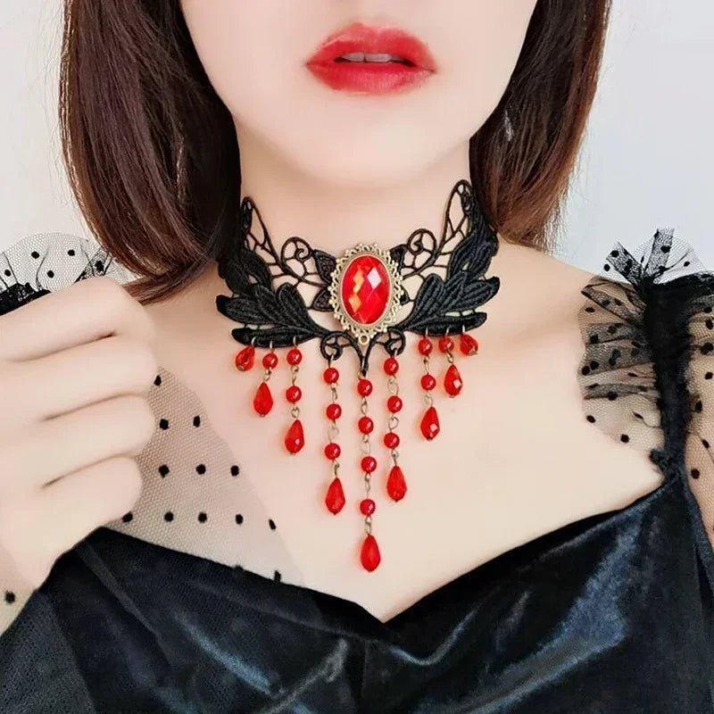 Gothic Black Lace Choker Necklace For Women Vintage Tassel Clavicle Chain Halloween Collar Choker Steampunk Party Jewelry Gift