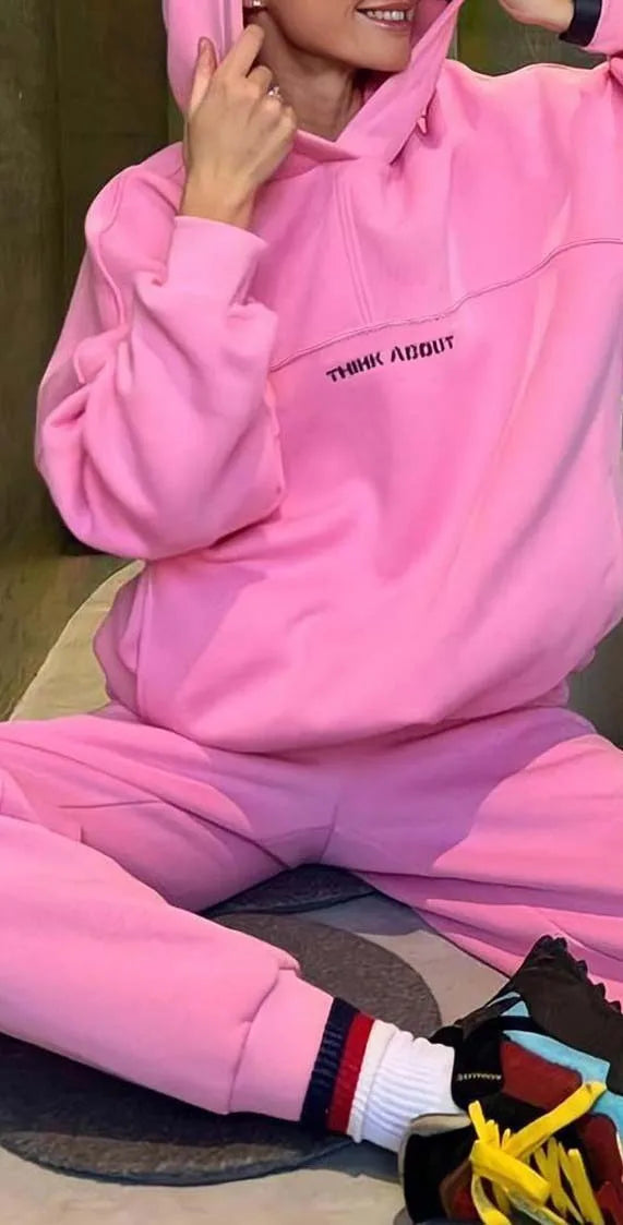 Two Piece Drawstring Set Long Sleeved Letter Print Hoodies Loose Sweatshirt Jogging Pants Outfits Autumn Women Sports Hooded