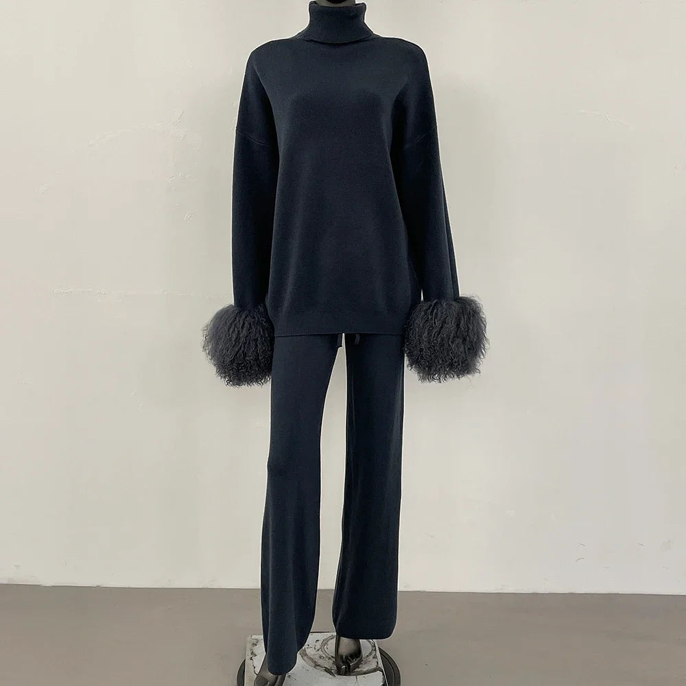 Coat Women Knitted Suit Women's Sweater Set Real Mongolian Sheep Fur Cuffs High Quality Wool & Blend Knitted Pullover and Pants