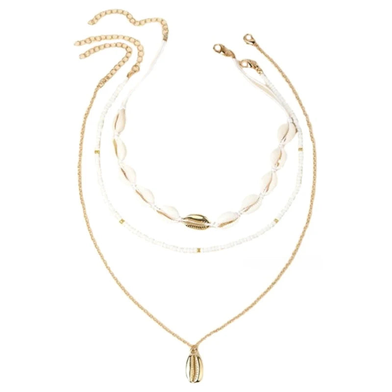 Necklace Three Layer Beach Seashell Choker Necklaces Bohemian Natural Shell Short Collar for Women Rope Chain Choker
