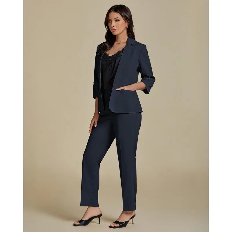Pant Suits for Women Dressy 2 Piece Business Casual Outfits 3/4 Sleeve Blazer Straight Leg Pant Sets Office Work