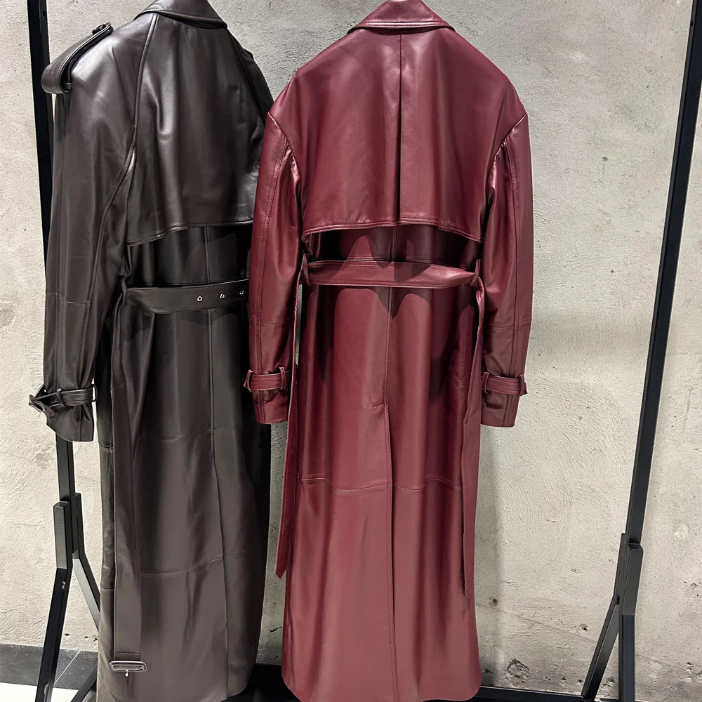 Suede Burgundy Long Coat Double Breasted Windbreak Length 150cm Women's Real Suede Coat