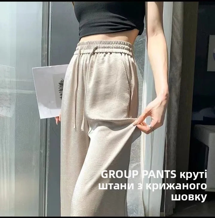 plus Size Satin Ice Silk Wide Leg Pants Women's Summer Thin Cool Casual Straight Leg Trousers Comfortable Loose Fit Long Pants