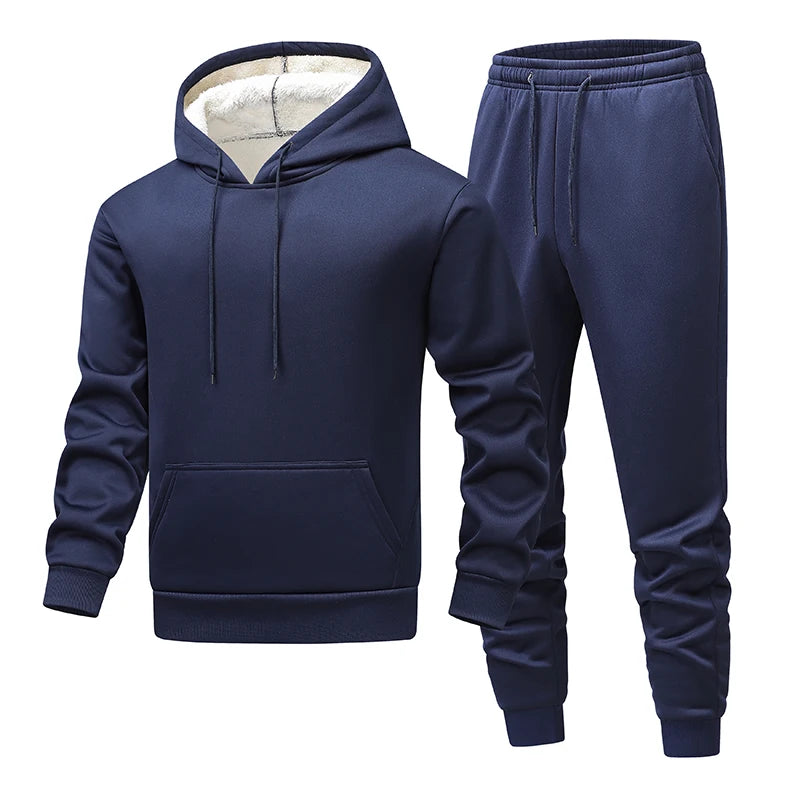 Winter Lambswool Men's Sets Thickened Fleece Sweatshirt Suit Men's Two-piece Hooded Tracksuit Men Sweatshirts Eu Sizes XS-2XL
