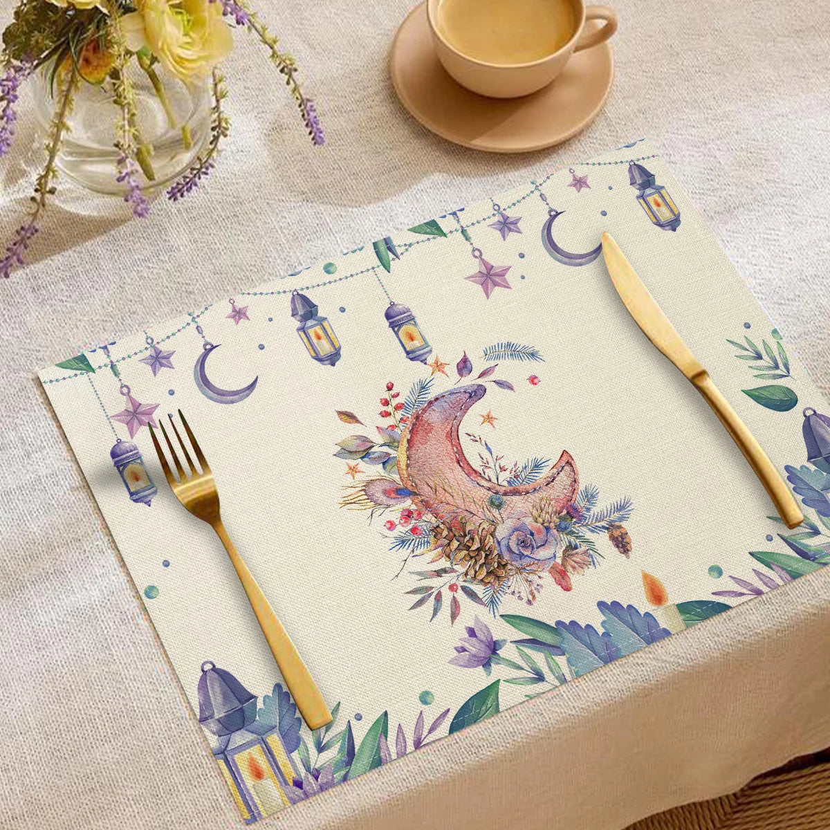 Artistic Ramadan Moon Lantern Floral Pattern Placemats Exquisite Watercolor Geometric Designs Heat Resistant Table Mats