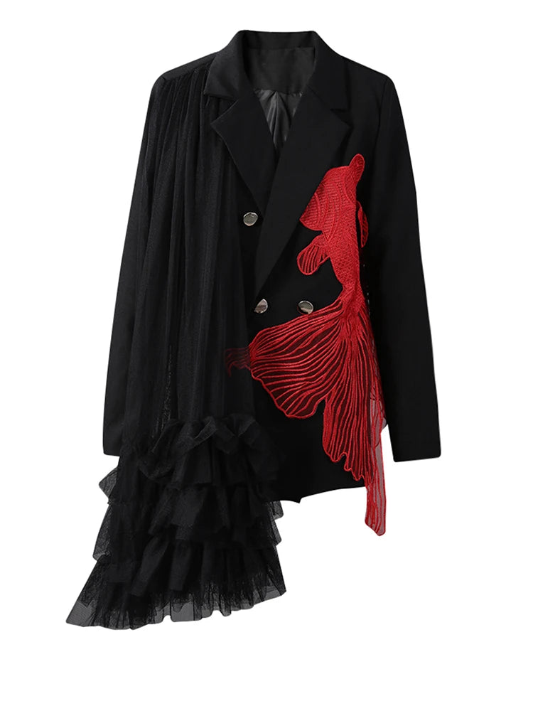 [EAM] Women Black Mesh Irregular Fish Spliced Big Size Blazer New Lapel Long Sleeve Jacket Fashion Spring Autumn 2026 CPG2902