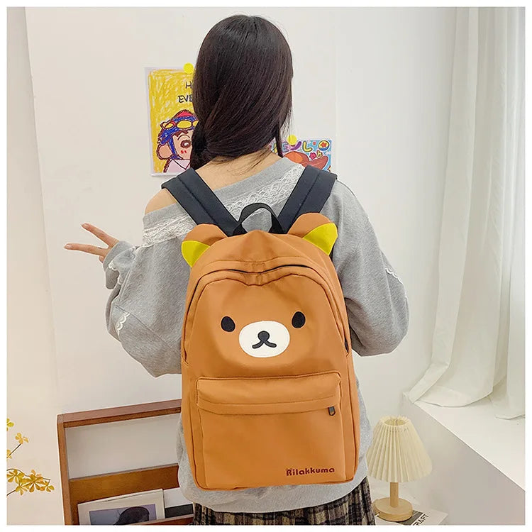 Rilakkuma Kawaii Cartoon Backpack Waterproof Nylon Large Capacity Embroidery School Bag For Young Adult Daily Travel Campus Work