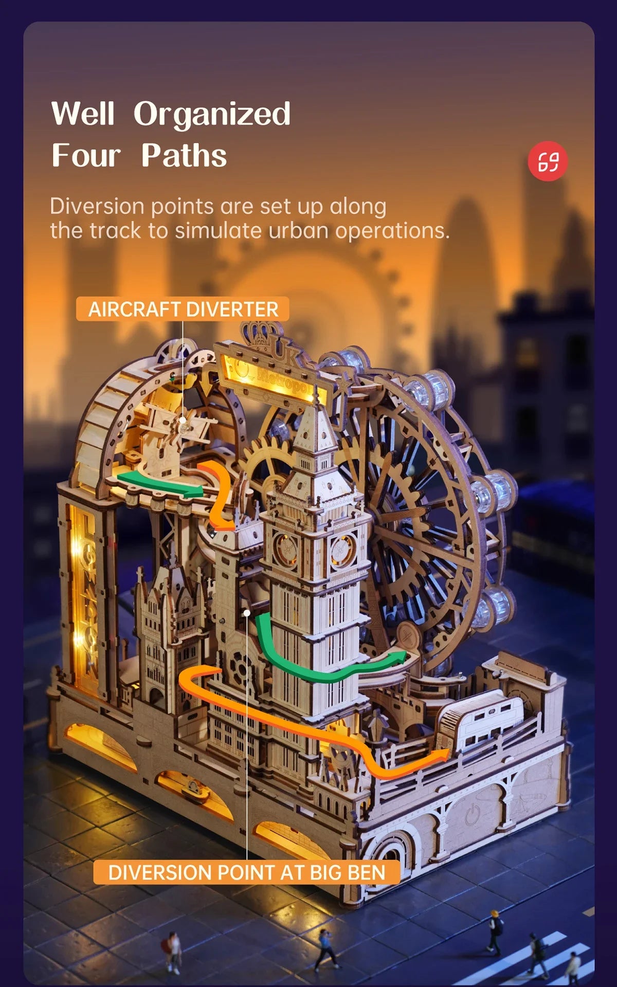 3D Wooden Puzzle Marble Run Building Kit London City Model with Lights Mechanical DIY Landmark Puzzle for Adults Teens