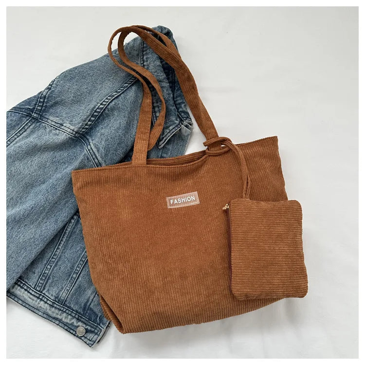 Ladies' handbag, corduroy ladies' shoulder bag, daily commuting tote bag, shoulder bag with small bag