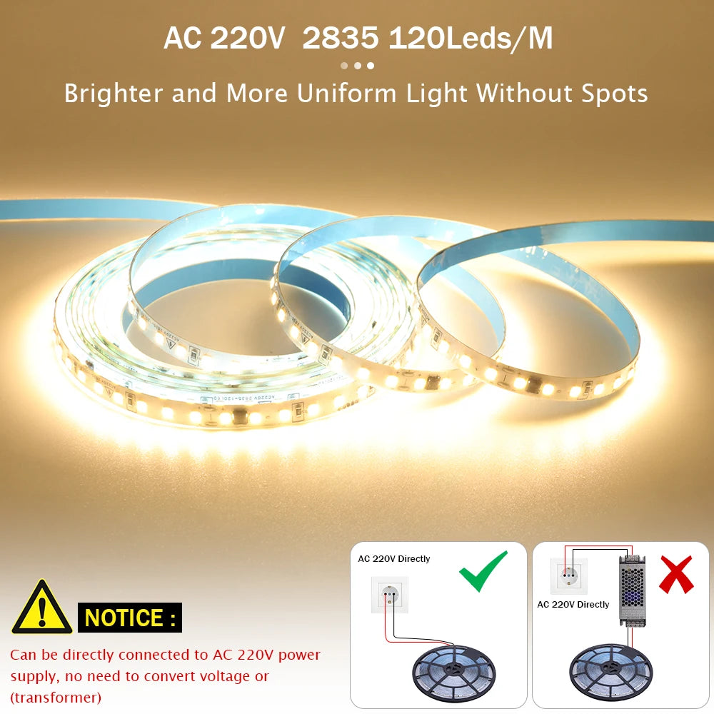 Adhesive Led Light Strip 10M 50M AC 220V 2835 120LEDs/m tiras de luces led Waterproof Ribbon Home Decor 3000K 4000K 6000K