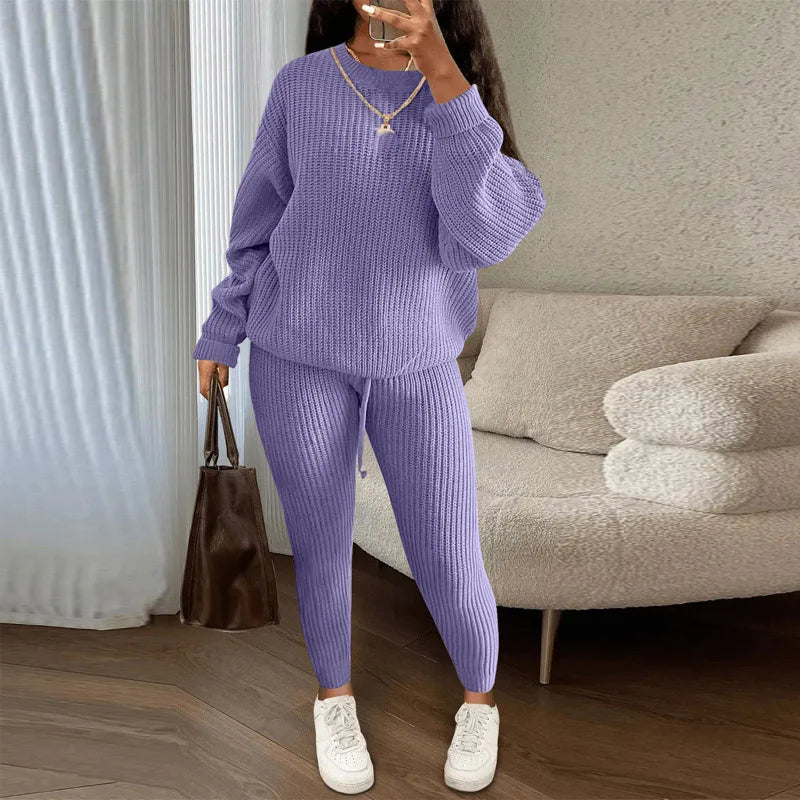 Fashion Casual Knitted Suits Long Pants Suits Women's Woolen Suits New Fashion Elegant Casual Solid Two Piece Outfits Woman