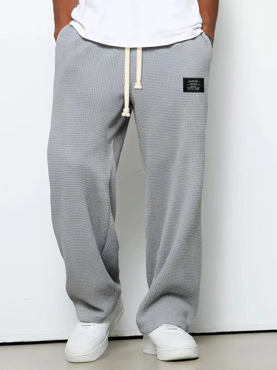 Men's spring-autumn trendy brand loose-fitting stretchy straight-leg sweatpants. Waffle fabric. Micro-bouncy sporty casual pants