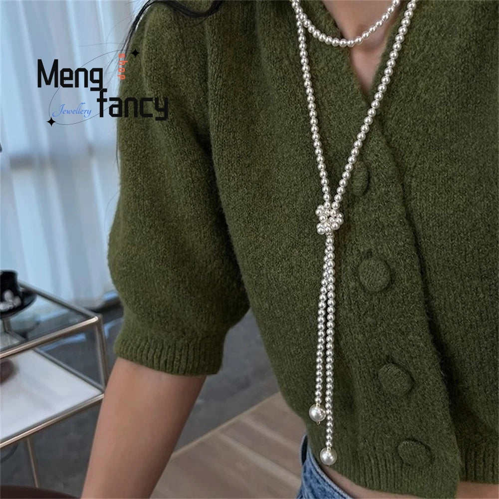 This 130cm Long Glass Pearl Necklace Can Be Worn In Multiple Ways. The Long Necklace Is Elegant And Trendy. It's A Retro Sweater