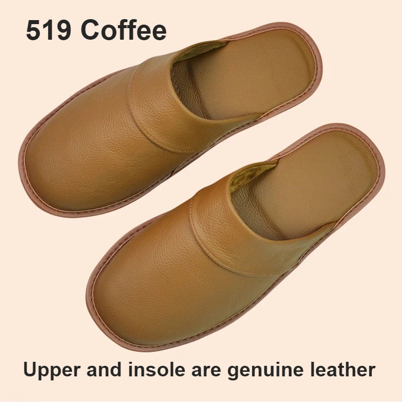 Genuine Cow Leather Slippers Homes in indoor slipper Spring Autumn summer men women elderly non-slip casual single Slides shoes