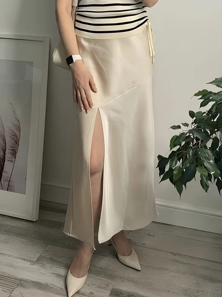 Summer Satin Skirts For Woman Office Maxi A Line Black Silk Skirts With Slit Lady High Waist Women Patchwork Skirt Long Elegant