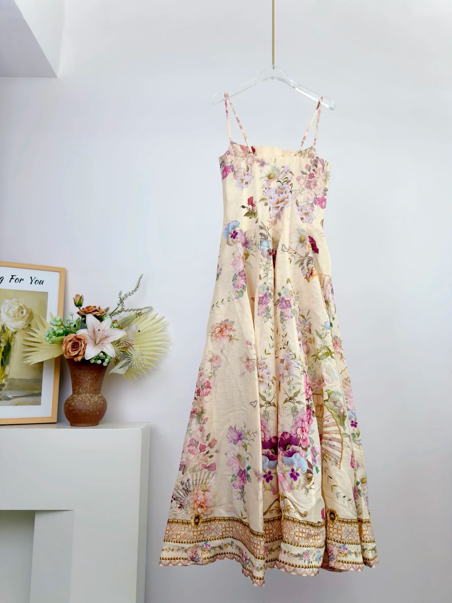 Women Silk Flower Printed Long Dress Heavy Beaded V-Neck Lantern Sleeve Loose Female dress