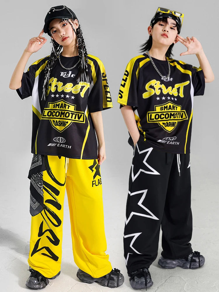 Boys Hip Hop Contrast T-shirt Yellow Vest Sweat Pants Girls Street Dance Jazz Costume Children Clothes Set Kids K-pop Streetwear