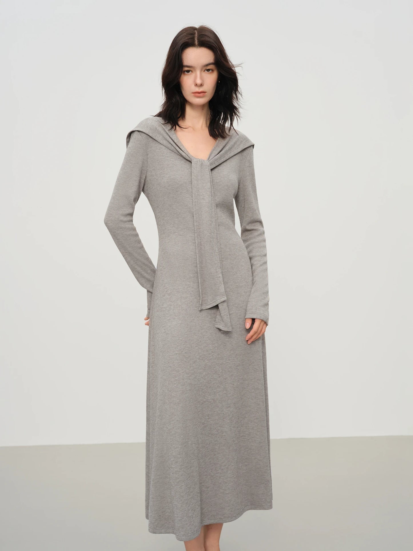 FSLE French Style Design Shawl V-neck Dress 2025 Autumn and Winter Slimming A-line Knitted Clothing Female Elegant Leisure